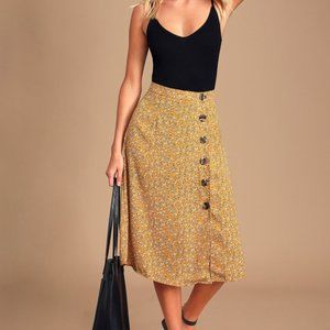 Lulus Mustard Yellow Floral Print Button-Front Midi Skirt